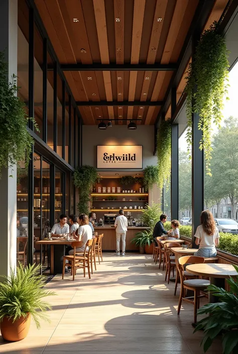  create the image of a modern coffee shop with a natural atmosphere there are indoor and outdoor areas,  and its coffee shop name  "erlwild coffee "