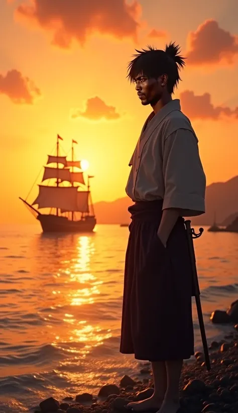 A poignant scene illustrating Yasuke’s farewell to Japan as he stands on the shore, looking back at the land that shaped his destiny. He is dressed in simple clothing, embodying the transition from samurai back to servant. The Jesuit ship is ready to depar...