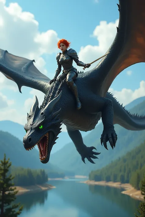 A woman, short red hair, green eyes, in armour, riding a black dragon, the dragon has green eyes and his huge, the dragon is flying above a lake