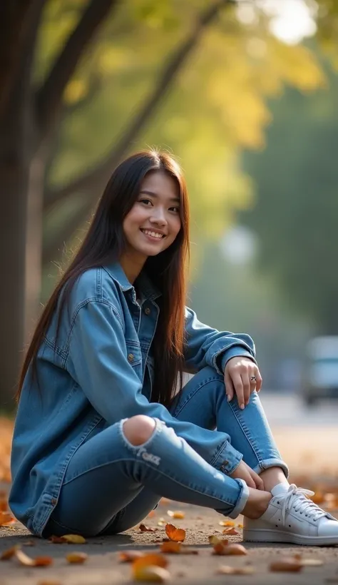 A beautiful Indonesian woman with long hair beautifully trimmed wearing a jeans shirt big thigh jeans sports shoes sitting in the streets alongside a handsome handsome tattooed cool guy wearing a denim t-shirt jeans sports shoes Professional street big tre...