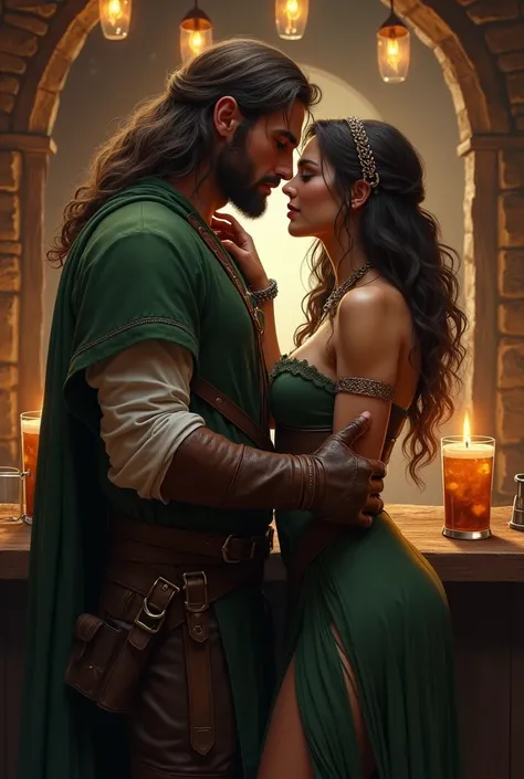 ranger (man, long hair, robin hood outfit) flirts with a buxom barmaid in a medieval tavern, (a medieval scenario), (fantasy masterpiece), (detailed faces and full-body shots), (atmospheric work),