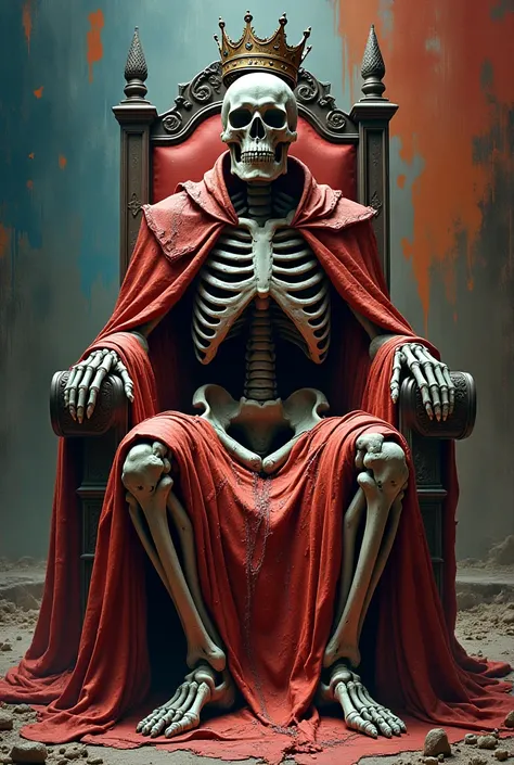 King dead on his throne. Eaten by time until he became boned. Red, blue and orange dominant colors