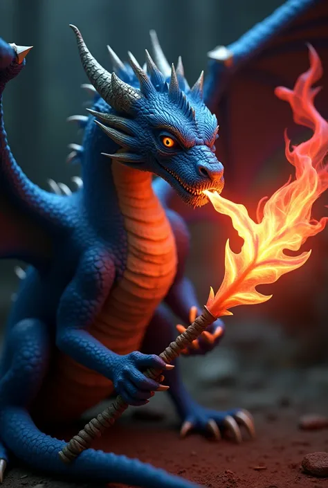 A lifelike blue dragon that causes a red fire in the leaf blade