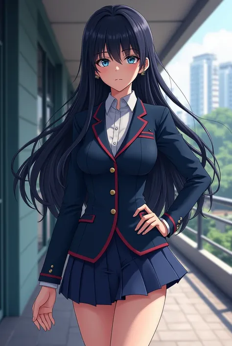 Its a girl in the UA uniform, She has very long black hair , blue eyes,  very well defined body and waist , high heels,   earrings and beautiful and natural makeup  ( My Hero Academia Style 