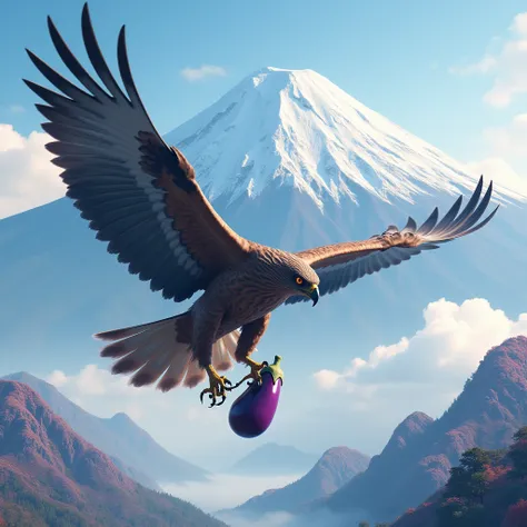  High Quality 、 8K ultra HD、(((With Japans snow-covered Mt. Fuji in the background　A large hawk grabs eggplant by the leg and is flying))), Amazing Full Color 