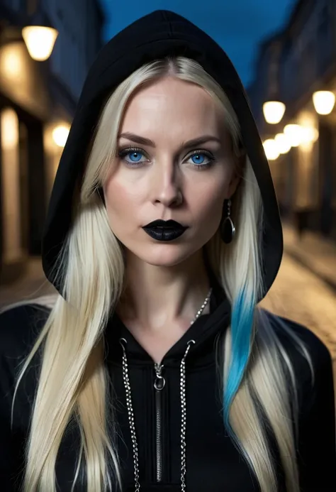 realistic 4k image, Norwegian woman ,  36 years old, blue eyed blonde,  long straight hair , Black Lipstick, seductive body,  black dress, gothic style,  has a black hoodie over her head , sexy,  black stone earrings and necklace, walking down the street a...