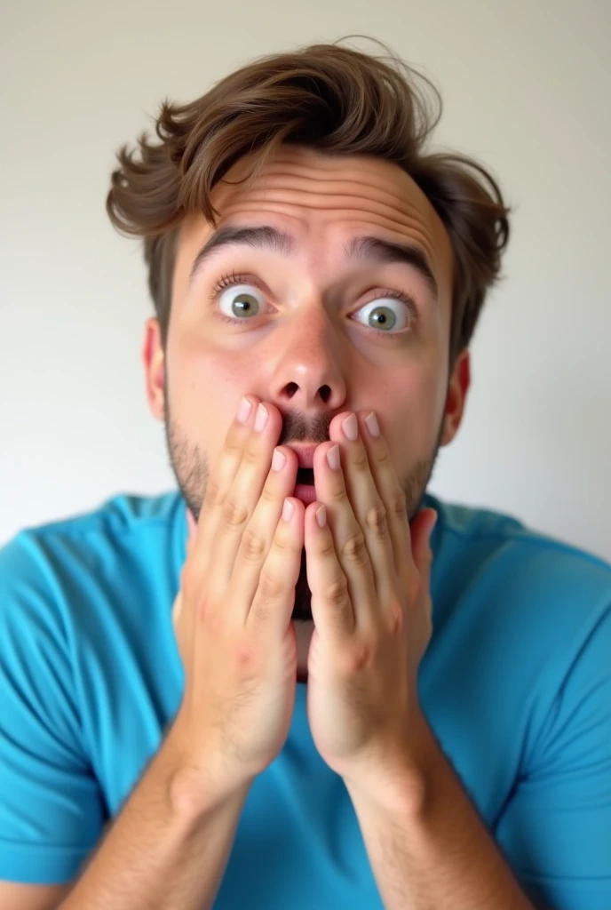 "A young man with a surprised expression, his hands gently covering his mouth, wide-open eyes showing excitement and wonder. The background is bright and minimalistic, emphasizing the face and hands. The lighting is soft, with a slight focus on the face to...