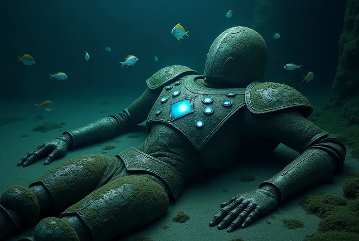 Depict a sleek giant golem guard lying on a dark seafloor. The golem is made of stone-like minerals, partially covered with moss. Its design resembles medieval armor, adorned with intricate artistic carvings across its surface. The head is shaped like an o...