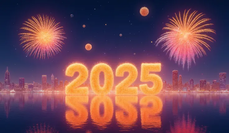 "Create a vibrant and atmospheric poster for the SeaArt New Year Event 2025. The background features a stunning cityscape at night, with skyscrapers and glowing lights under a dark sky. The number 2025 glows brightly in the center, surrounded by abstract d...
