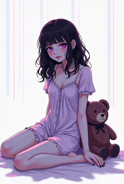 "Illustration of a young woman sitting on the ground beside a teddy bear, inspired by gothic themes and manga style. She has pale, porcelain-like skin with purple and black gothic makeup, wearing a tattered nightie. Her expression is sly yet joyful, blendi...