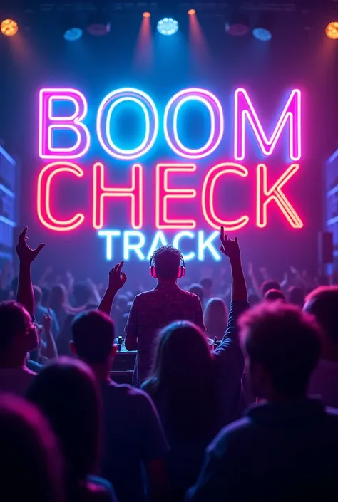 "A vibrant and dynamic thumbnail design for a party song titled Boom Check Track. The image features neon lights, bold typography, and a lively dance floor scene. A DJ in the background with glowing headphones and a crowd of silhouettes dancing to the beat...