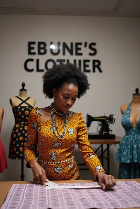 A Nigerian young lady wearing an Ankara short gown measuring clothes on the table in her shop with two mannequin with clothes in the shop and an industrial machine on another table with her brand name boldly written on the wall EBUNES CLOTHIER 