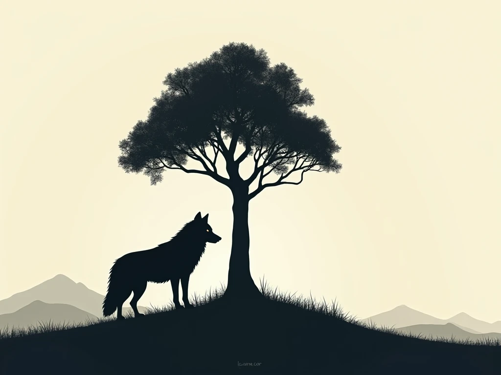 wolf silhouette, t-shaped oak tree, simple, illustration, simple colors
