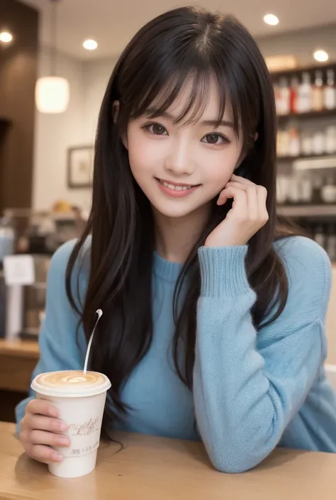  Inhaling Eyes , cute double ,  Mysterious Woman Drinking Coffee at a Cafe , Cafe latte,  Sweet-scented Perfume , small animals, Inward-curling long hair, Discerning Bangs , Freshly washed hair , First Date, Talented , Kind personality,  Extremely Detailed...