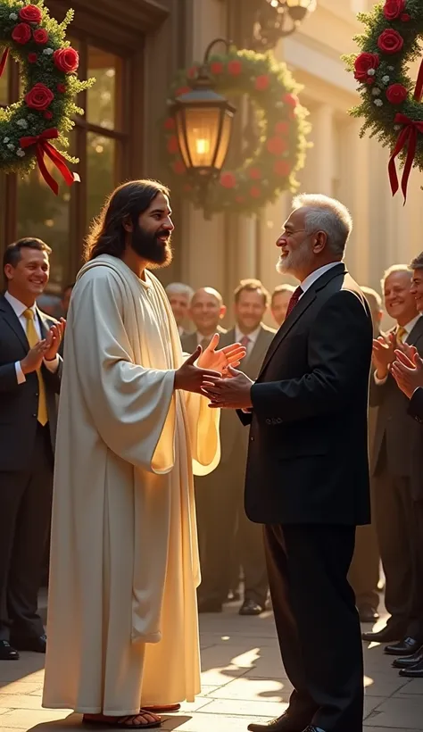 Jesus in white happily stands talking with an old man in a black suit. Outside a mens suit shop on its opening day, congratulatory wreaths are lined up in two rows outside the shop, many people happily clap their hands in congratulations.