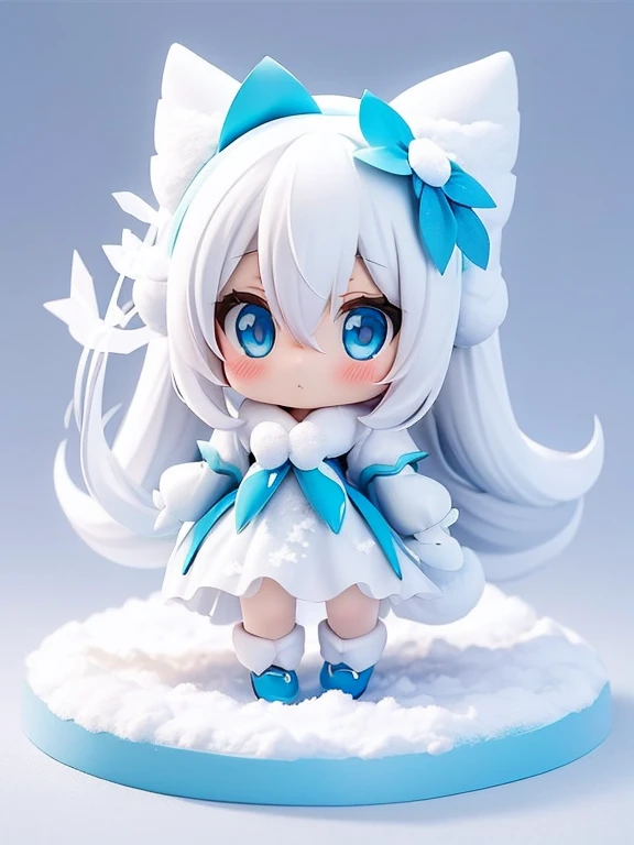  with Snow Miku standing 、 cute chibi character style depiction , Arranged in 、 has detailed expressions and vivid colors . Snow Miku wears her iconic Snow Miku hair color that turns white towards the tips of her hair and a classic costume, on the other ha...