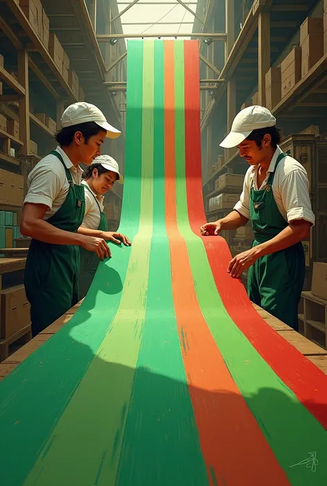  Scene of workers using canvas material, creating the green-red-green stripe.]