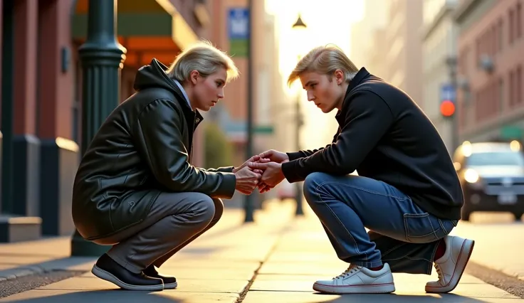 Create the most realistic image of a tall, young 18-year-old man resembling Barron Trump. He is wearing a black jacket, blue jeans, and white sneakers. Barron Trump is sitting sideways, kneeling, holding money in his hand and giving it to an elderly homele...