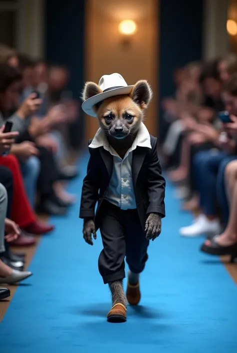 A cute brown and black hyena with fluffy fur and bright eyes walks gracefully on blue carpet a fashion show runway like a professional model, showcasing human-like characteristics. The puppy is wearing a fashionable black and white suit, casual business at...