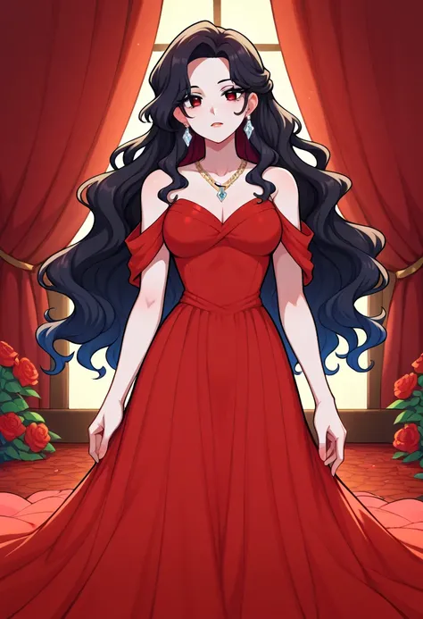 A (((beautiful and youthful woman))) with flowing (((long wavy dark hair))), (((dark eyes))), and (((pale skin))), adorning her countenance, dressed in a (((ruby red form-fitting floor-length dress))), that exudes both elegance, grace and sophistication. H...