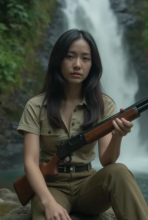 beautiful young thai woman actress, 26 years old, tall and slender, haughty expression, long black hair, wearing english safari style outfit, holding a hunting rifle, cinematic action shot, sitting on a rock by a deep forest waterfall, movie poster