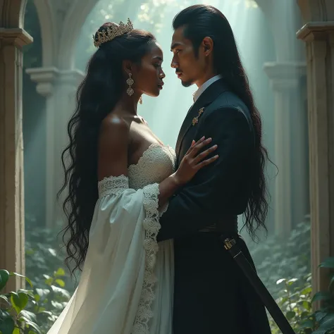 African woman, very long hair, wearing white Victorian style clothes, d being hugged by Asian man with hair down to his neck, serious, dominant, wearing black clothes, mysterious samurai style