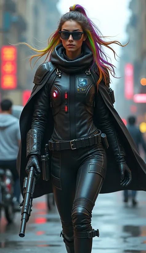 
A cyberpunk and futuristic rider suit with a protector equipped with a luminescent organ, a leather cloak with a colorful emblem, a slender young and beautiful woman with excellent proportions, cyber sunglasses, rainbow-colored hair, flowing hair. skein a...