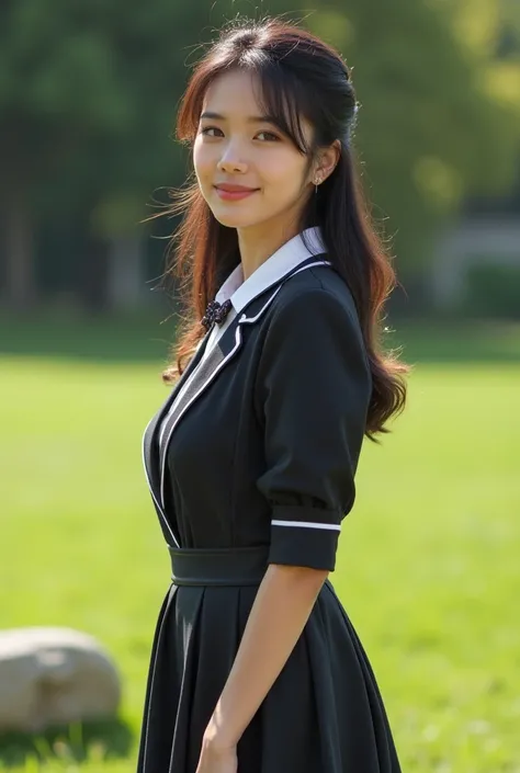  an American woman in a stylish dress, Full Body Photo ，pretty，With legs，Slightly fat，  beautiful meticulous eyes , pretty的细节嘴唇,  extremely detailed face , Long eyelashes, Detailed school uniform ,  Lovely expression , Standing in the grass , There is a st...