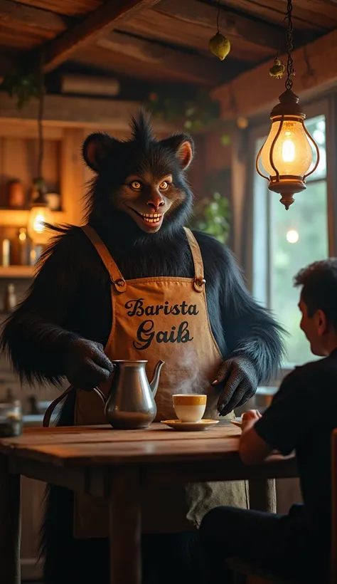 Inside a cozy, rustic coffee stall, a large genderuwo (Indonesian mythical creature) with dark fur and a friendly smile stands behind the counter. He wears a funny apron that reads "Barista Gaib" in bold letters. He is pouring a cup of coffee into a cerami...