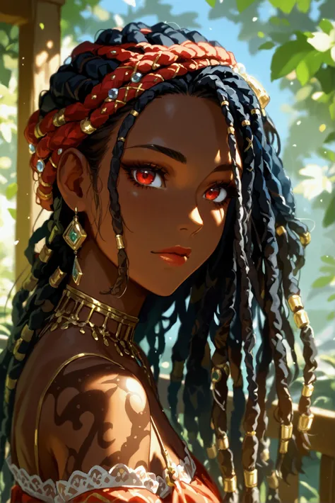 1girl with dark skin tone and long dreadlocks wearing hip clothing, Looking at viewer, Solo, High Resolution, Red Eyes, 