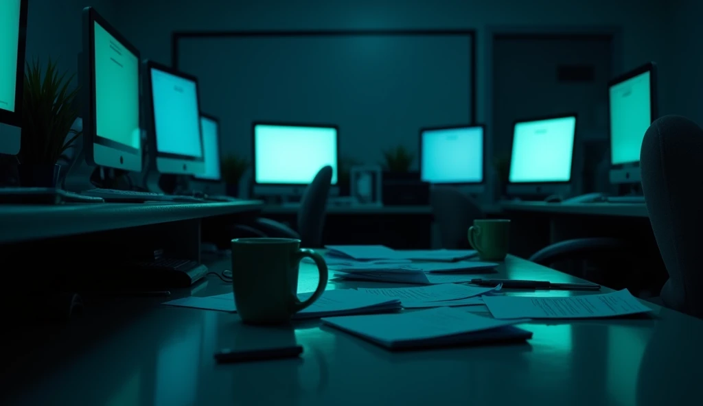 A wide shot of a dimly lit office at night. Scattered files, empty coffee mugs, and glowing computer screens are visible. The lighting is a mix of blue and green hues from the monitors, casting soft shadows on the walls. The atmosphere feels tense and quie...