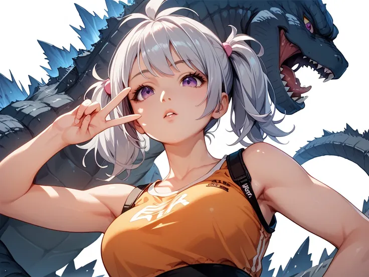 chica estilo anime,  silver hair hand sign with 2 pigtails,  purple eyes, Breasts 34C, Godzillas tail , Extended arms making a half circle, Head looking down,  look up ,  from waist up , fighting clothing ,  white background