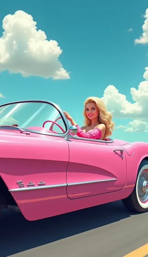 A pink 1956 Corvette with white custom wheels and white interior, convertible corvette 1956, Barbie inspired character on driver’s seat, beautiful blonde woman in pink clothes driving, beautiful sunny day, blue sky and clouds, American style, classic Ameri...