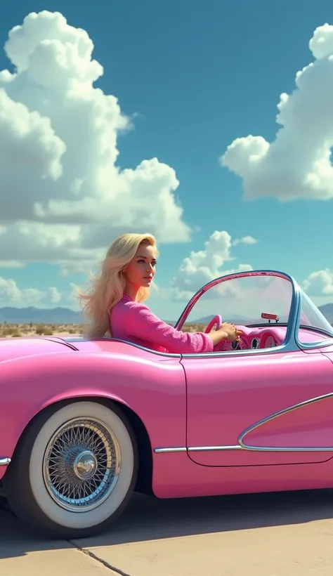 A pink 1956 Corvette with white custom wheels and white interior, convertible corvette 1956, Barbie inspired character on driver’s seat, beautiful blonde woman in pink clothes driving, beautiful sunny day, blue sky and clouds, American style, classic Ameri...