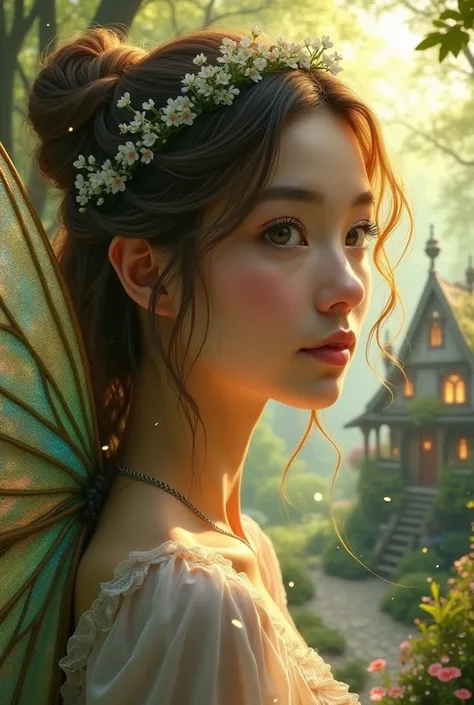 close-up portrait of a person as a Fairy, a fairy tale village in the background, fairy tale sunshine, Enchanted forest, Mythical forest, Fairy with wings on the back