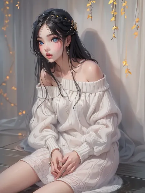 Hyper-realistic,photorealistic,a beautiful young girl, Age 15、detailed face, Thick lips、Glossy lips、 kind,long black hair,  off-shoulder white sweater dress that opens the center of the lips slightly,  amazing high definition painting