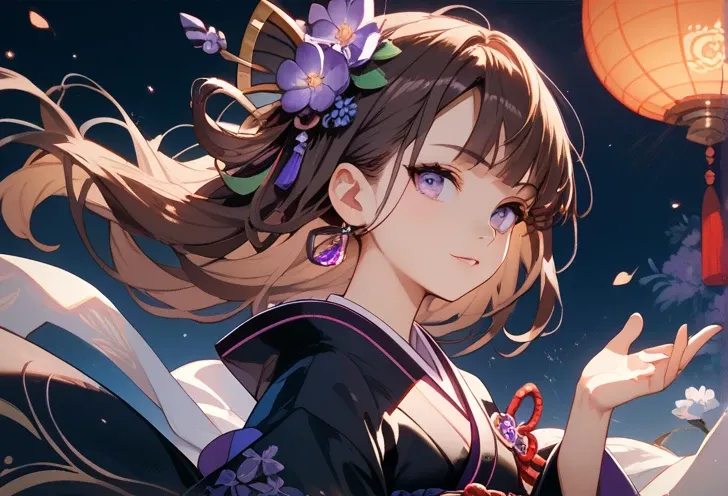  Long and smooth dark brown hair, purple eyes , ultrarealista,  fair skin ,  black kimono with purple details, fox.
