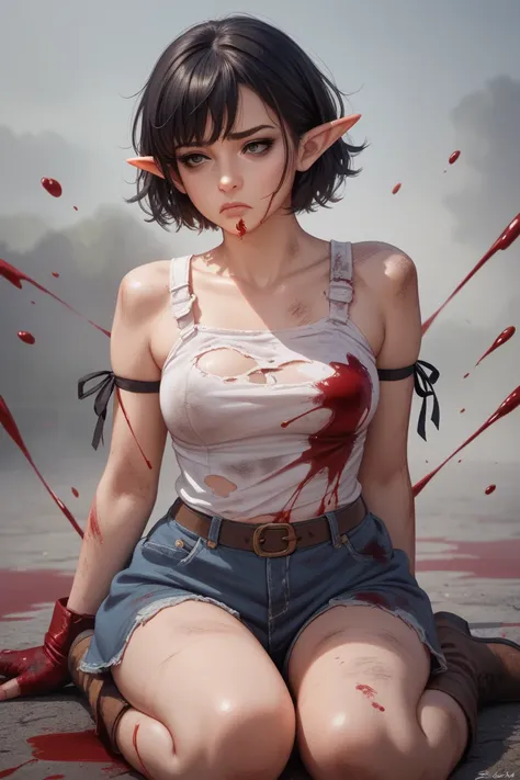 This girl, D&D beautiful half elf girl with shaggy short dark hair, black eyes, but younger and covered in blood. Shes an within an inch of her life. Shes dressed in dirty tattered clothes that are different than the photo. Shes on the ground, bleeding out...