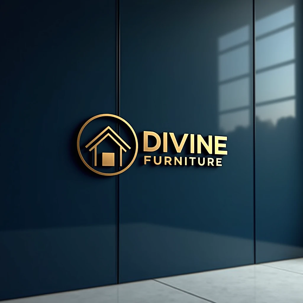 2D logo on the dark blue glass wall with the name DIVINE FURNITURE , on the left side the symbol of a house surrounded by letters in modern American style,  around a circle in graphic design very thin thickness gold color  