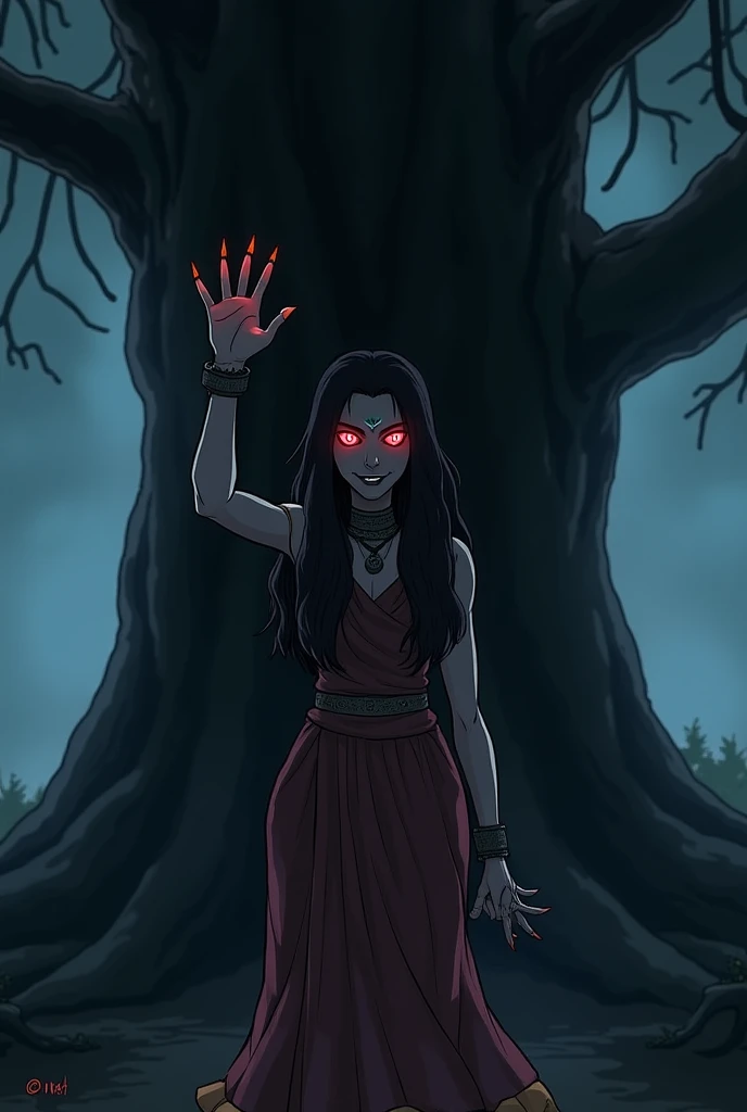 The Yakshini stands in front of Rajesh with a chilling smile. Her glowing red eyes lock onto him as she raises one hand, her sharp, claw-like nails catching the faint moonlight. The tree behind her looms menacingly, its roots twitching slightly.
