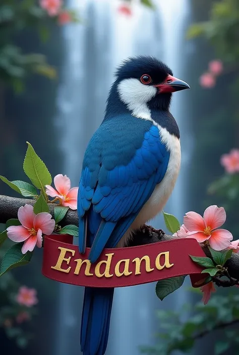 Create a very realistic image. In close-up, create a stunning and amazing image of a royal blue magpie with white, sky blue, and red on the head, chest, and lower tail elegantly combined in a smooth gradient and perched on a branch with green leaves and pi...