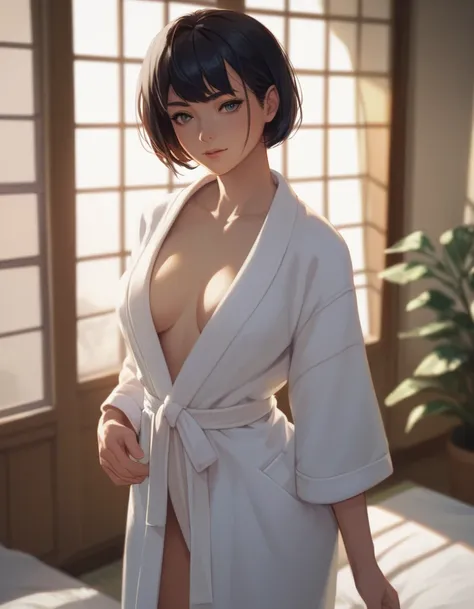 woman, 44 years old, anime,  black hair,  short hair, Only in a bathrobe, room