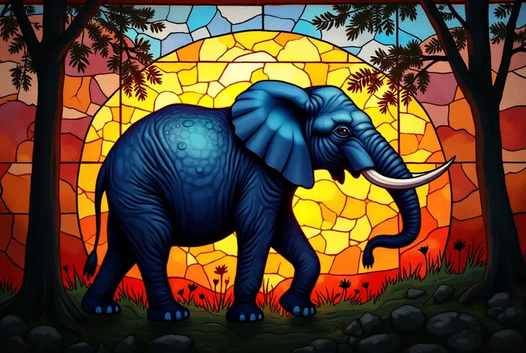 painting of an elephant in a  stained glass window with a sunset in the background,  stained glass art, Coloured Elephant Art , maxim verehin  stained glass,  stained glass style,  stained glass!!, on a  stained glass window, Elephant Problem , Focus on el...