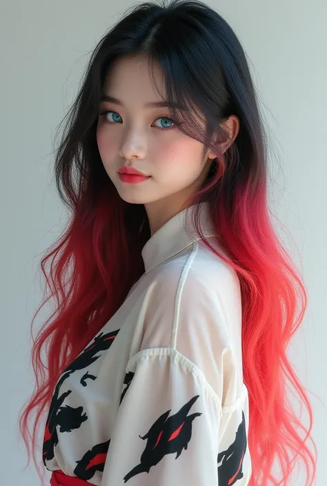 Asian girl with black hair, red hair ends, blue eyes, white blouse with black, red pattern 
Whole-Body View