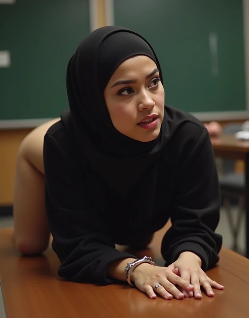 analog photo of  young cindy_kimberly. She is wearing a small hijab, on all four, butt up, on table, engaged in sexual act, doggy style sex,  livia_brito behind her grabbing her waist, her expression is lustful. sexy pouting. empty dark classroom. crying t...