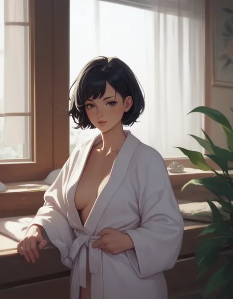 woman, 44 years old, anime,  black hair,  short hair, Only in a bathrobe, room