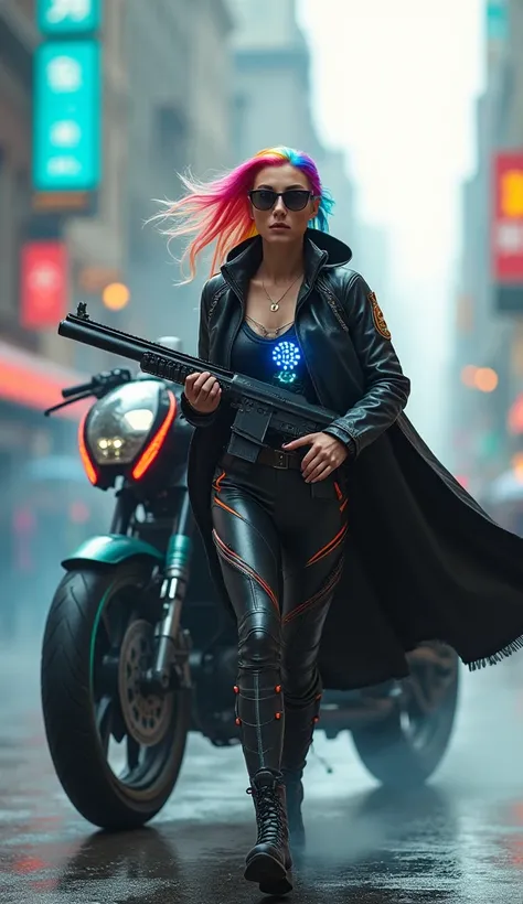 A cyberpunk, futuristic, colorful rider suit with a protector with luminous organs, a leather cloak with a colorful emblem, a slender young and beautiful woman with good proportions, cyber sunglasses, rainbow colored hair, hair waving and moving all the wa...