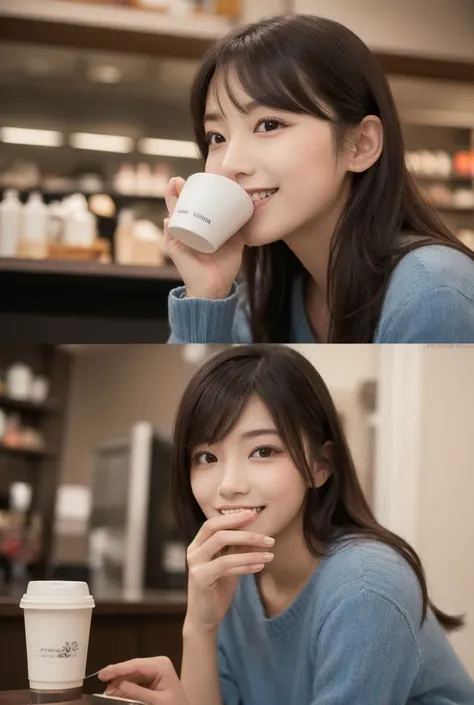  Inhaling Eyes , cute double ,  Mysterious Woman Drinking Coffee at a Cafe , Cafe latte,  Sweet-scented Perfume , small animals, Inward-curling long hair, Discerning Bangs , Freshly washed hair , First Date, Talented , Kind personality,  Extremely Detailed...