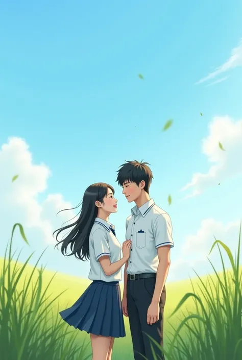 Chinese high school students，Couple，Wearing a white school uniform top，blue sky，grassland，Reality，Realistic Photography