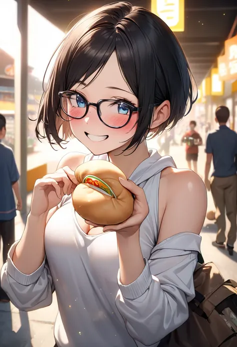 RAWphoto,photorealistic,8k16k,best quality,perfect anatomy,perfect detailed,ultra highres, extremely detailed eyes and face,gleaming skin,shiny skin,1girl,Japanese,black short hair,pixie cut, (wearing glasses:1.3),(parted bangs,forehead:1.2),round face,med...